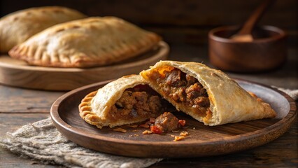 Deliciously crafted beef empanada on a rustic wooden plate exuding comfort and flavor