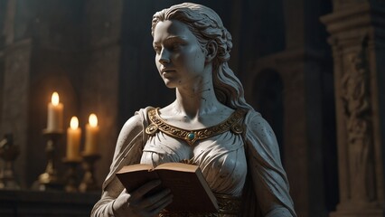 A statue of Askela, divine chronicler, her chest bearing an open tome with words floating in air