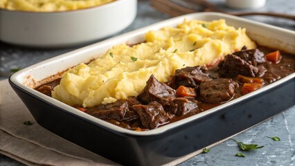 Savory beef casserole topped with creamy mashed potatoes served in cozy kitchen setting