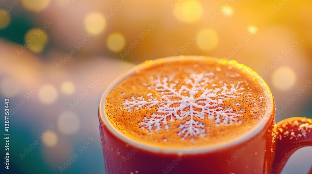 Poster a steaming cup of spiced drink features a delicate snowflake pattern on top, surrounded by soft, war