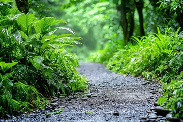Narrow path winding through a dense forest with rich greenery and soft light