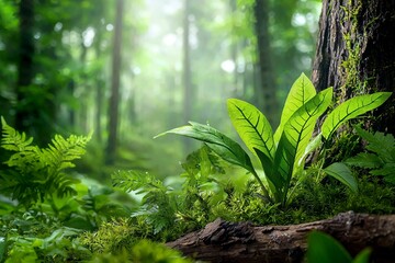 Misty forest scene with vibrant green plants contrasting dark towering trees