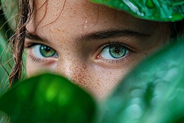 Evocative portrait of a girl illuminated by soft natural light in vibrant greenery