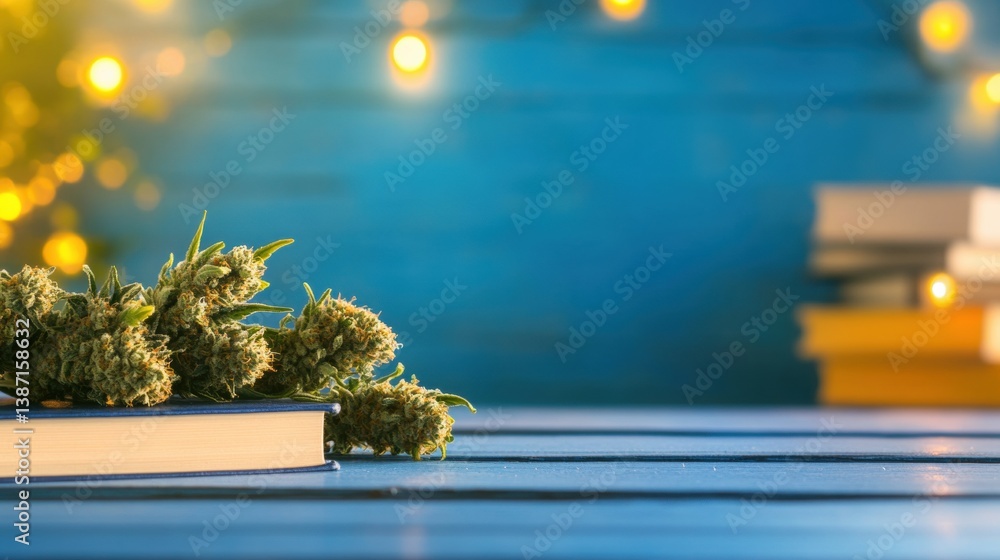 Aufkleber cannabis buds are placed on an open book with a warm bokeh backdrop, creating a soothing and invitin