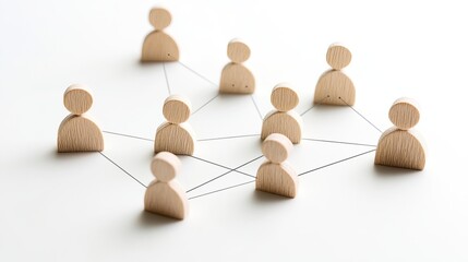 Obraz premium Wooden figures connected by threads, network, teamwork, collaboration