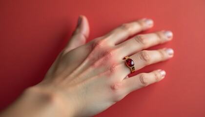 "Contact dermatitis from jewelry (red ring around wrist), minimalist composition."