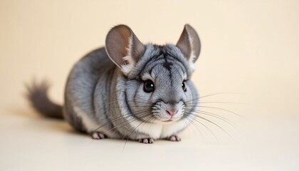Portrait of a chinchilla with plush gray fur, bright eyes, soft cream backdrop, perfect for lab animal advertising.