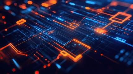 Futuristic circuit board interface, glowing lights, complex network