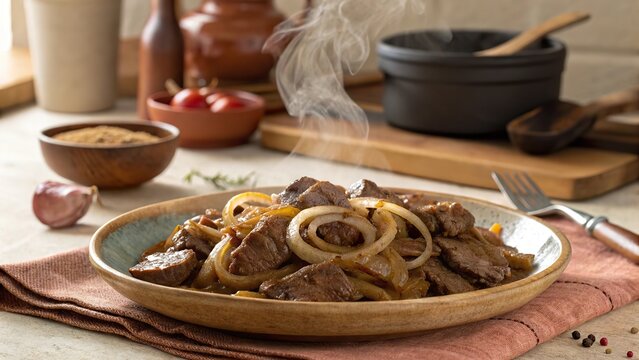 Deliciously steaming bistec encebollado served on a rustic table with fresh ingredients in a cozy kitchen setting