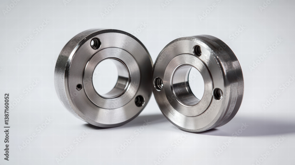 Poster precision engineering: two meticulously crafted metallic flanges, embodying the essence of industria