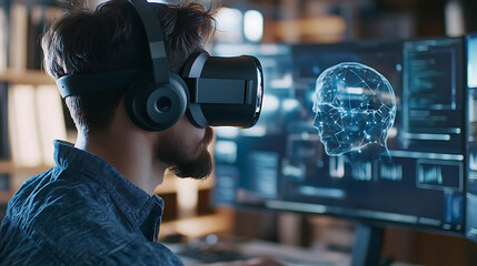A designer using AI to create virtual reality environments, high-tech design studio with VR headsets and 3D modeling software, High-tech style