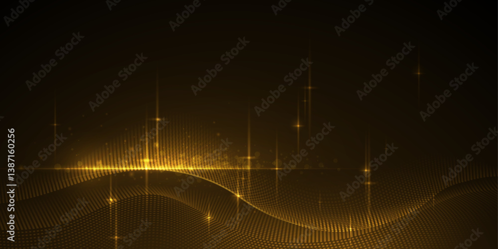 Poster Illustration vector abstract wave, flow line, motion pattern and particle dot on gold color background. Modern futuristic, big data design for background. Digital datum, high tech, technology concept