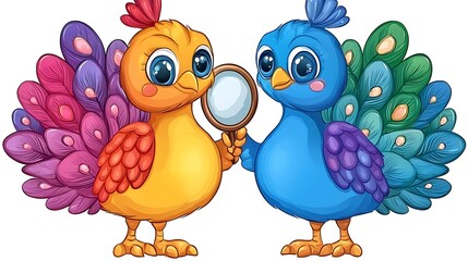 Naklejka premium Colorful Cartoon Birds Holding Mirror in Playful Interaction