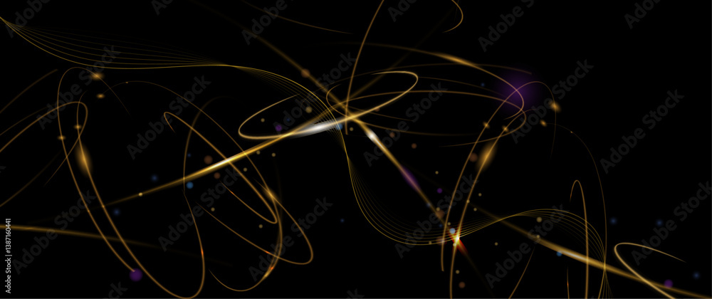 Aufkleber illustration vector abstract chaos, gold wave line pattern, flow line and particle dot on dark color