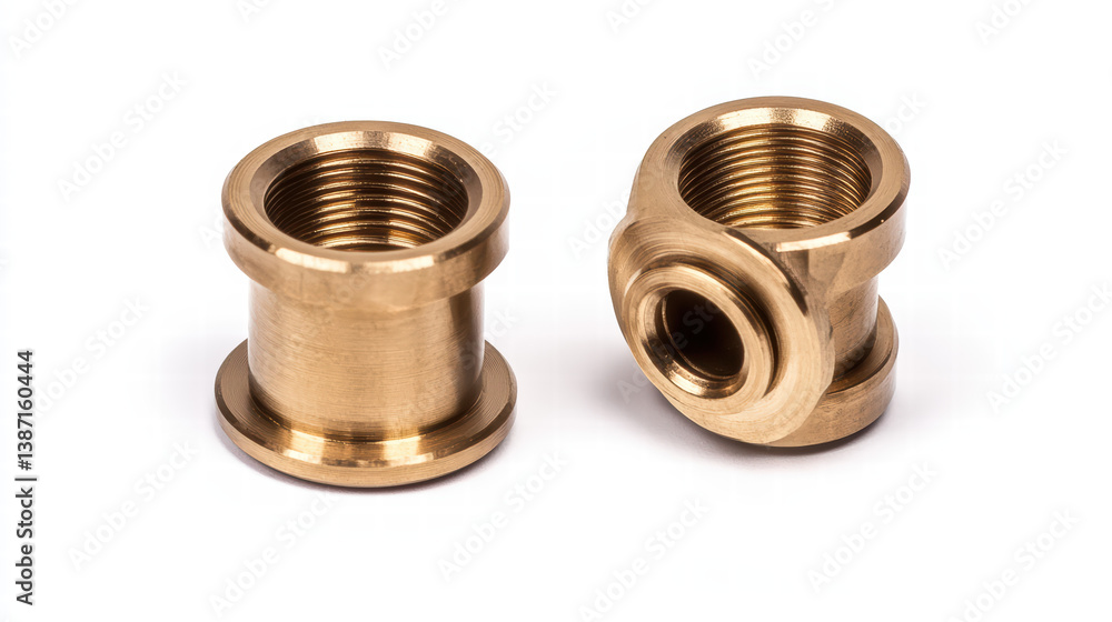 Poster precise engineering: two metallic components with internal threads, showcasing precision and detail 