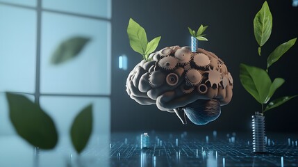 A brain composed of interconnected gears and plants, illustrating the growth and expansion of the mind through learning