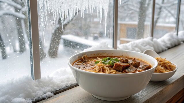 Steaming bowl of bigus warms the soul during a cozy winter day by the window