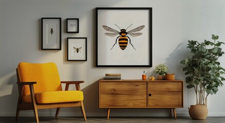 Bright Yellow Chair and Wooden Furniture Create a Cozy Living Room With Bee Artwork