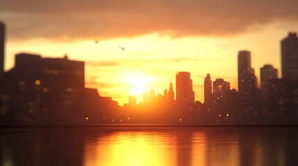 Fototapeta premium A vibrant sunrise over a cityscape, representing new beginnings and the motivation to pursue ones dreams, in the style of impressionism