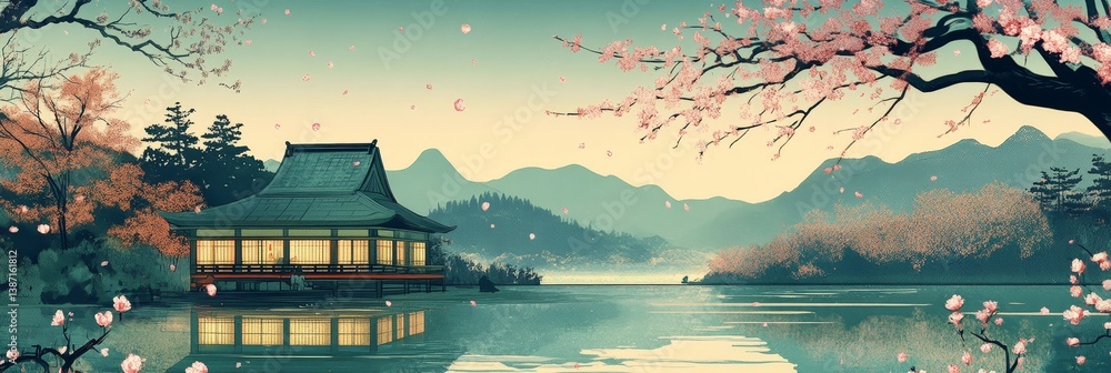 Poster building near water with trees and mountains in the background
