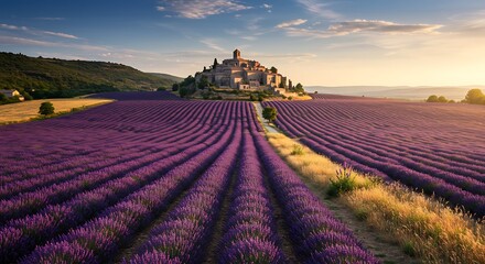 Obraz premium Sunrise over Lavender Fields and Hilltop Village AI Generated
