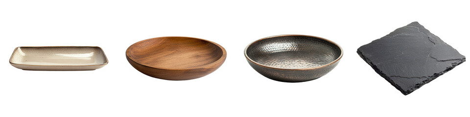 Empty ceramic, wood, and metal bowls with a slate plate.