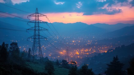 Obraz premium Mountain sunset view of city lights and power lines