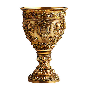 A 17th-century Dutch golden goblet, engraved with a family crest, isolated on a white background.