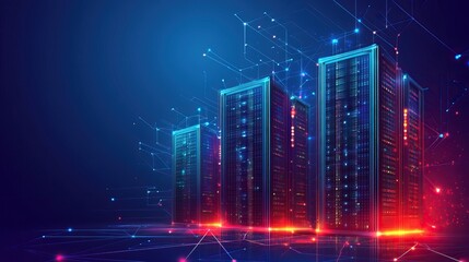 Futuristic server clusters, digital network, glowing technology, city infrastructure