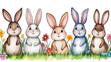 Cute Cartoon Rabbits in a Colorful Flower Field Illustration