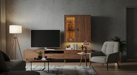 Modern Living Room Interior: Evening Ambiance, 3D Render AI Generated