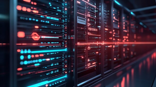 Futuristic server room data displays