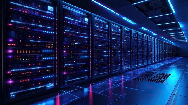 Futuristic server room illuminated by neon lights - Powered by Adobe