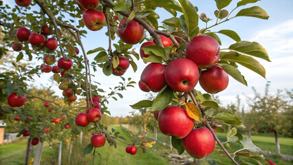 Obraz premium Autumn day. Rural garden. In the frame ripe red apples on a tree. It's raining Photographed in Ukraine