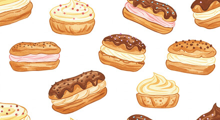 Delicious Watercolor Pattern of Assorted Cream Puffs and Eclairs Bakery Treats Sweet Dessert Food