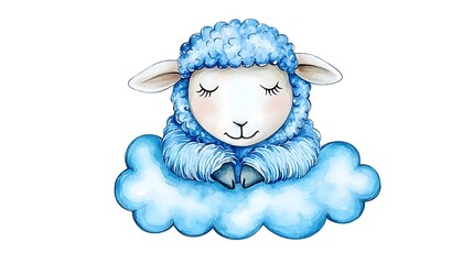 Fototapeta premium Cute Cartoon Sheep with Blue Wool resting on a Cloud