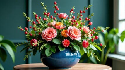 a large bouquet of flowers in a blue vase on a table in a cozy room