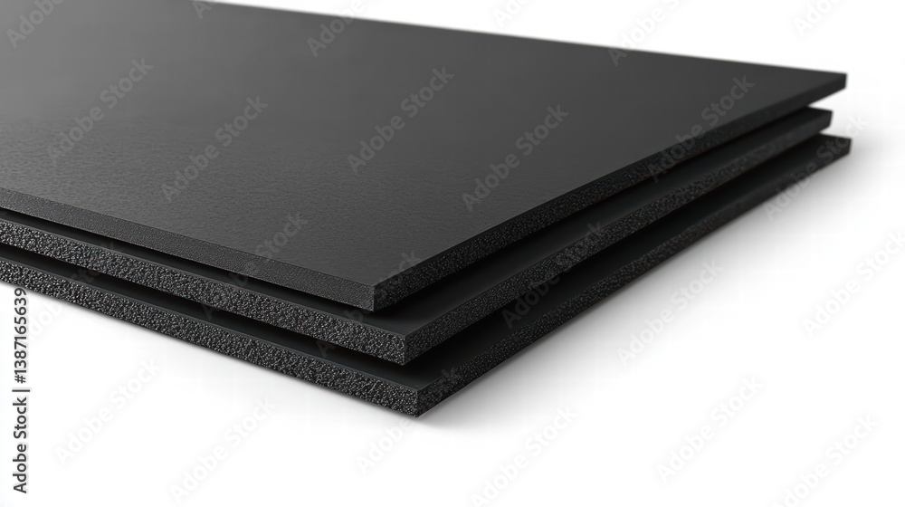 Poster stacks of dark foam sheets: a minimalist studio shot showcases the texture and composition of three 