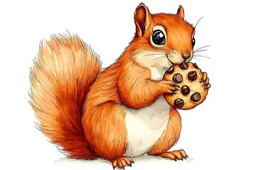 Fototapeta premium Cute cartoon squirrel holding a chocolate chip cookie in paws