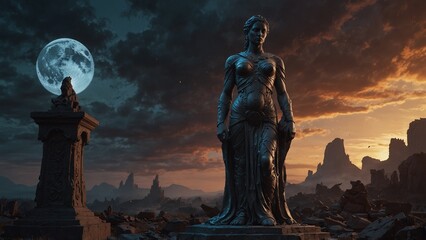 A statue of Ansolys, crusher of dreams, standing over broken visions while gazing at unborn worlds