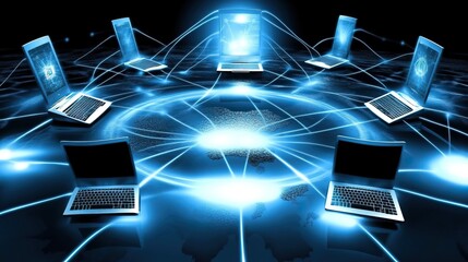Global Network of Laptops,  Digital Connection, Dark Background