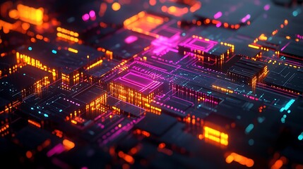 Obraz premium Realistic Blockchain Blocks Connected by Encrypted Lines – Glowing with Vibrant Colors and Detailed Algorithms Captured Through Camera