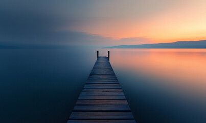 Obraz premium long wooden pier on the sea in sunset foggy light