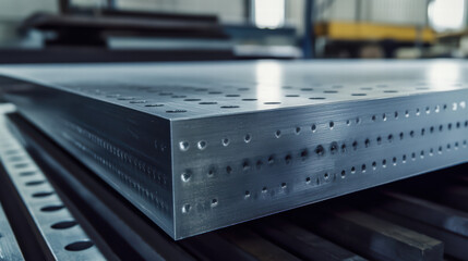 Metal Industrial Surface: A close-up perspective showcases an industrial metal surface with precisely drilled holes, illustrating precision and industrial design.