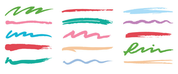 Crayon brush stroke color underline. Chalk pen highlight stroke. Vector hand drawn brush underline element set for accent, crayon texture emphasis element. Color kid chalk vector illustration