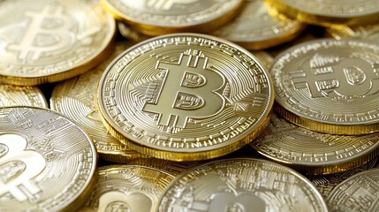 Gold Bitcoin Coins Pile Close-up