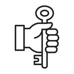 Hand holding a key icon. Icon symbol suitable for key of success, goal, control, business. Thin line icon.