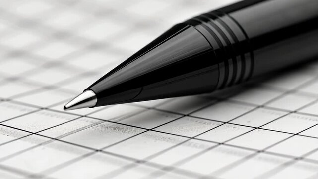 Close-up of a sleek black pen resting on a graph paper surface ready for writing, ideas, calculations, or planning.