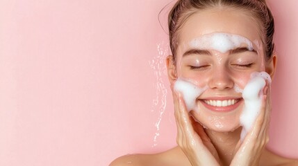 Woman cleansing face with foam