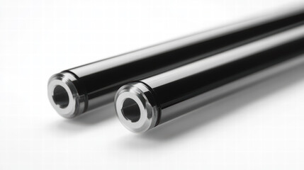 Polished Cylindrical Steel Rods: A close-up captures the sleek, reflective surfaces of two precisely engineered cylindrical steel rods, showcasing their industrial design.